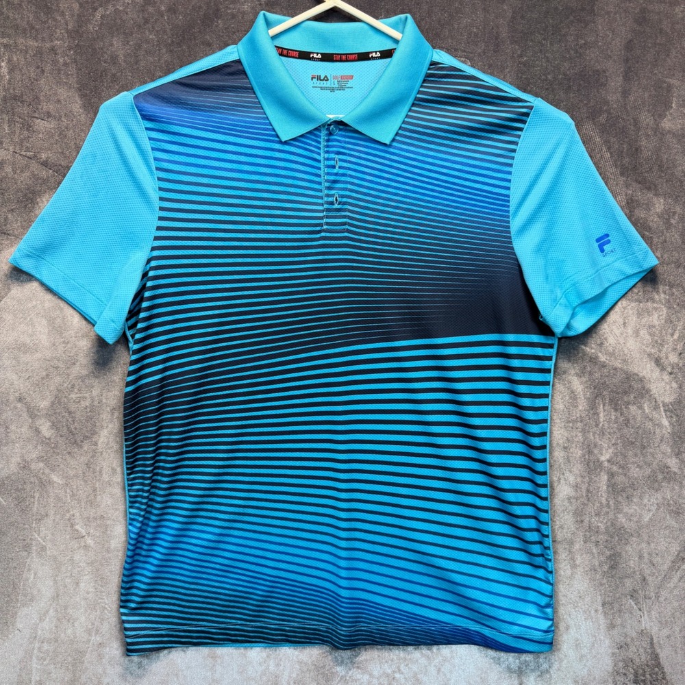 Fila Sport Golf Polo Mens L Blue Poly Blend Athletic Fit Striped Short Sleeve